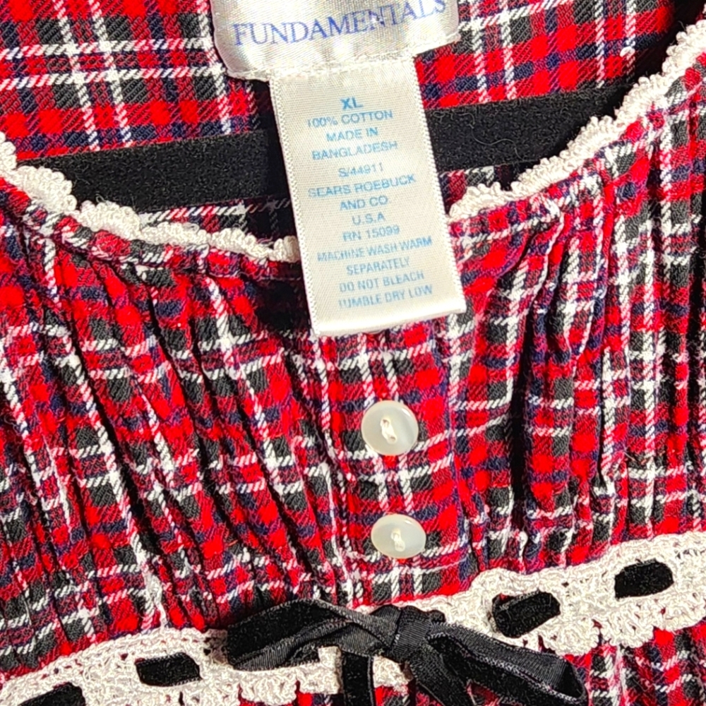 Women's Vintage Sears Roebuck Red Flannel Plaid Nightgown Velvet Lace Grannycore - Picture 3 of 4